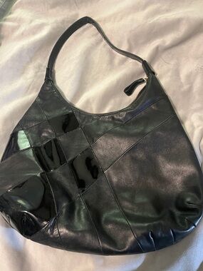 Golden Bleu Black Leather/patent leather Patchwork hobo Bag